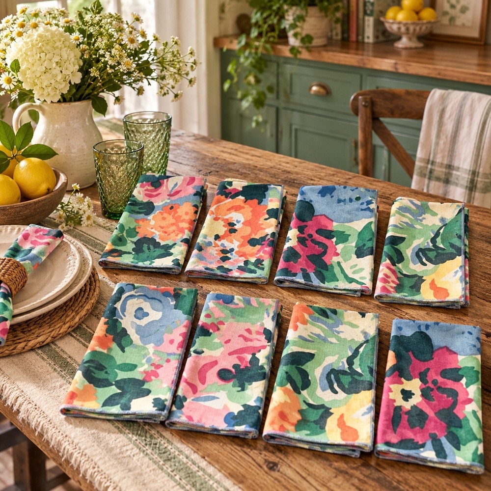 Unbranded Cloth Napkins Multicolor Vintage Floral Set of 8 Square 17.5"